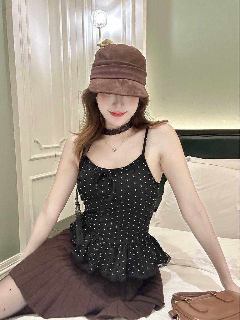 Sweet Polka Dot Lace-Up Spaghetti Strap Bow Tank Top for Women