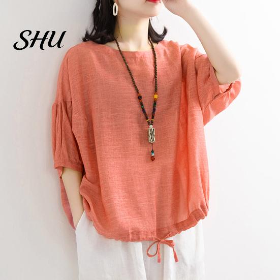 Summer Casual T-shirt Women O-Neck 3/4 Batwing Sleeve Pullover Blouse Tops Solid Color Loose Fit Streetwear Shirt
