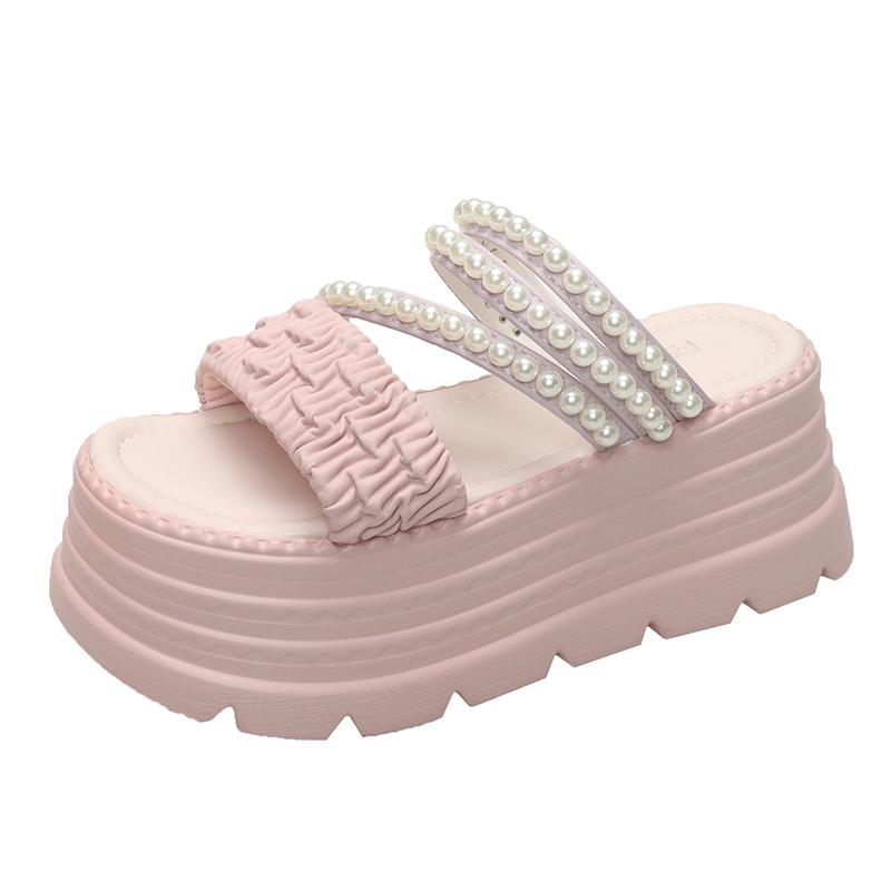 Fashion New 2025 Pearl Strap Chunky Sandals Women Summer High Platform Wedges Slippers Woman Fashion 8CM Heels Thick Bottom Beach Slides