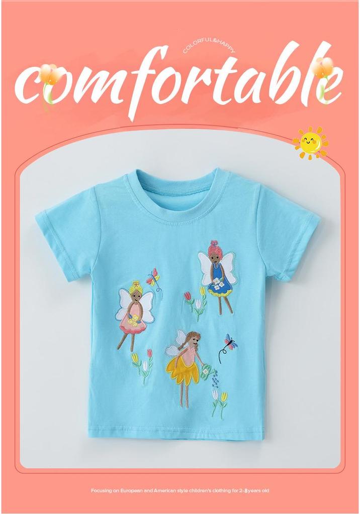 Girls' Floral Embroidery Cotton T-shirt - European & American Style, Summer Sportswear Pullover