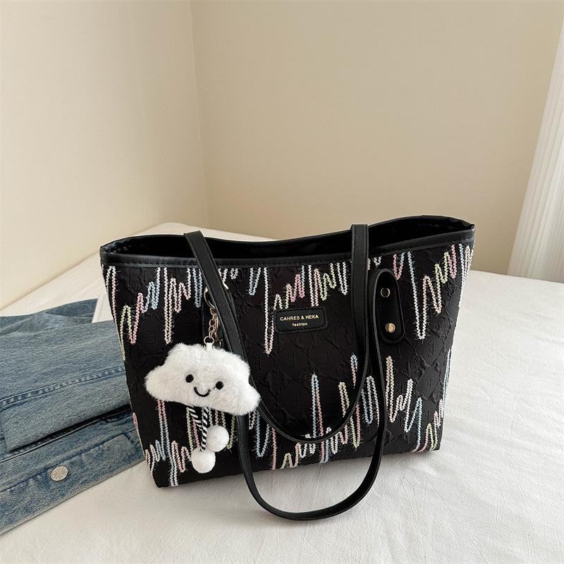 

Большая вместительная сумка-тоут, студенческая дорожная сумка, ручная сумка 2024 года, новая летняя простая и модная сумка через плечо для женщин Without pendant чёрный