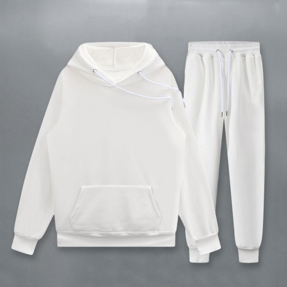 2Pcs/Kit Spring Autumn Couple One Tone Sport Outfit Hooded Drawstring Long Sleeve Sweatshirt Elastic Waist Pockets Long Pants