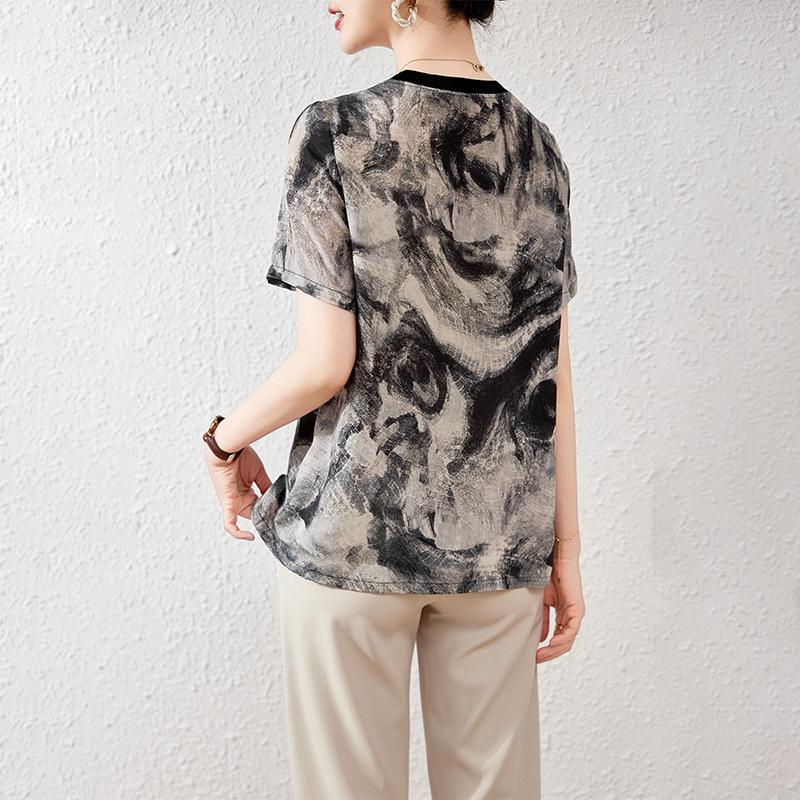 Women's 2025 Fashion Gradient Round Neck Mulberry Silk Top - High-End Short Sleeve Double Crepe Design