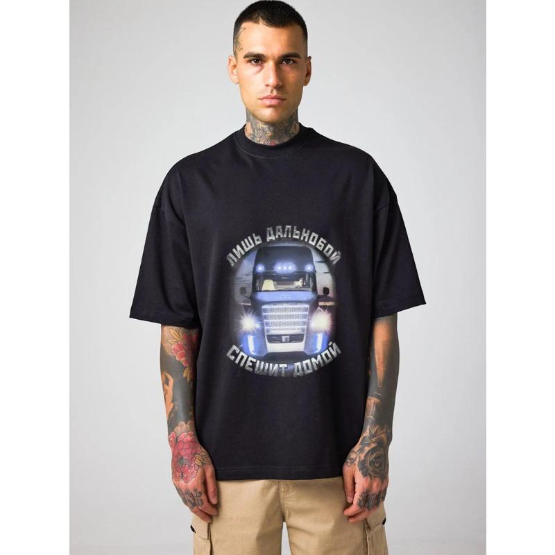 

White T-Shirt Men Casual Oversized Graphic Print Truck Design Russian Text Streetwear Fashion Summer Top XXXXL