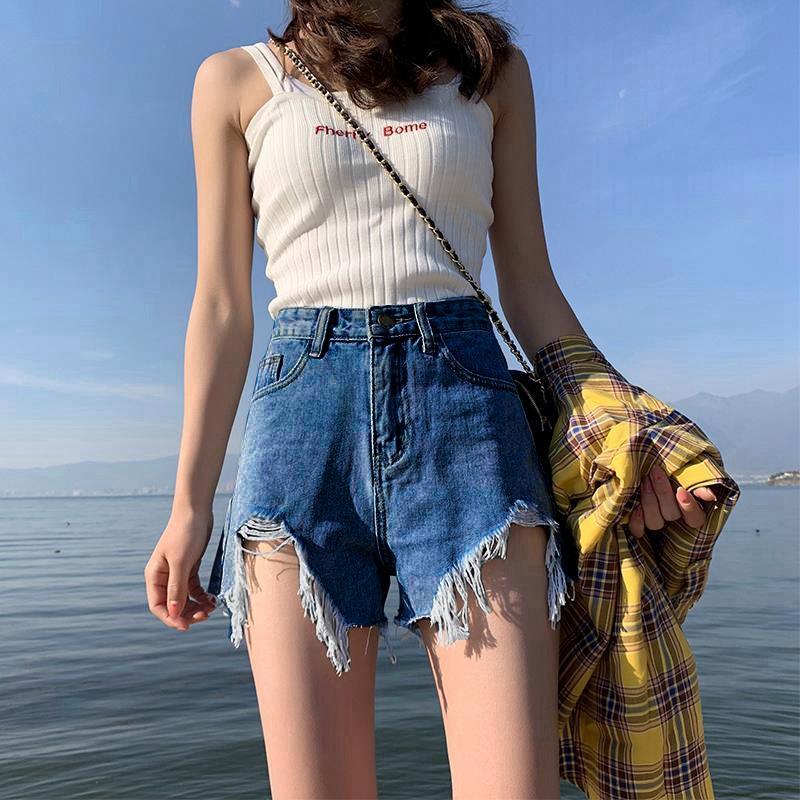 

Класичний та Мінімалістичний Модний Дикий Жіночий Літній Вільний А-силуету Тонкий З Рваними Отворами Для Носіння Назовні Широкі Джинсові Шорти Індивідуальність Трендовість 2XL темно-синього кольору