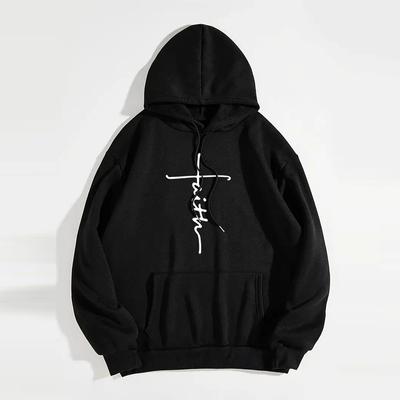Faith Print Hoodies Casual Drawstring Long Sleeve KangarooPocket Sweatshirt, Women's Clothing