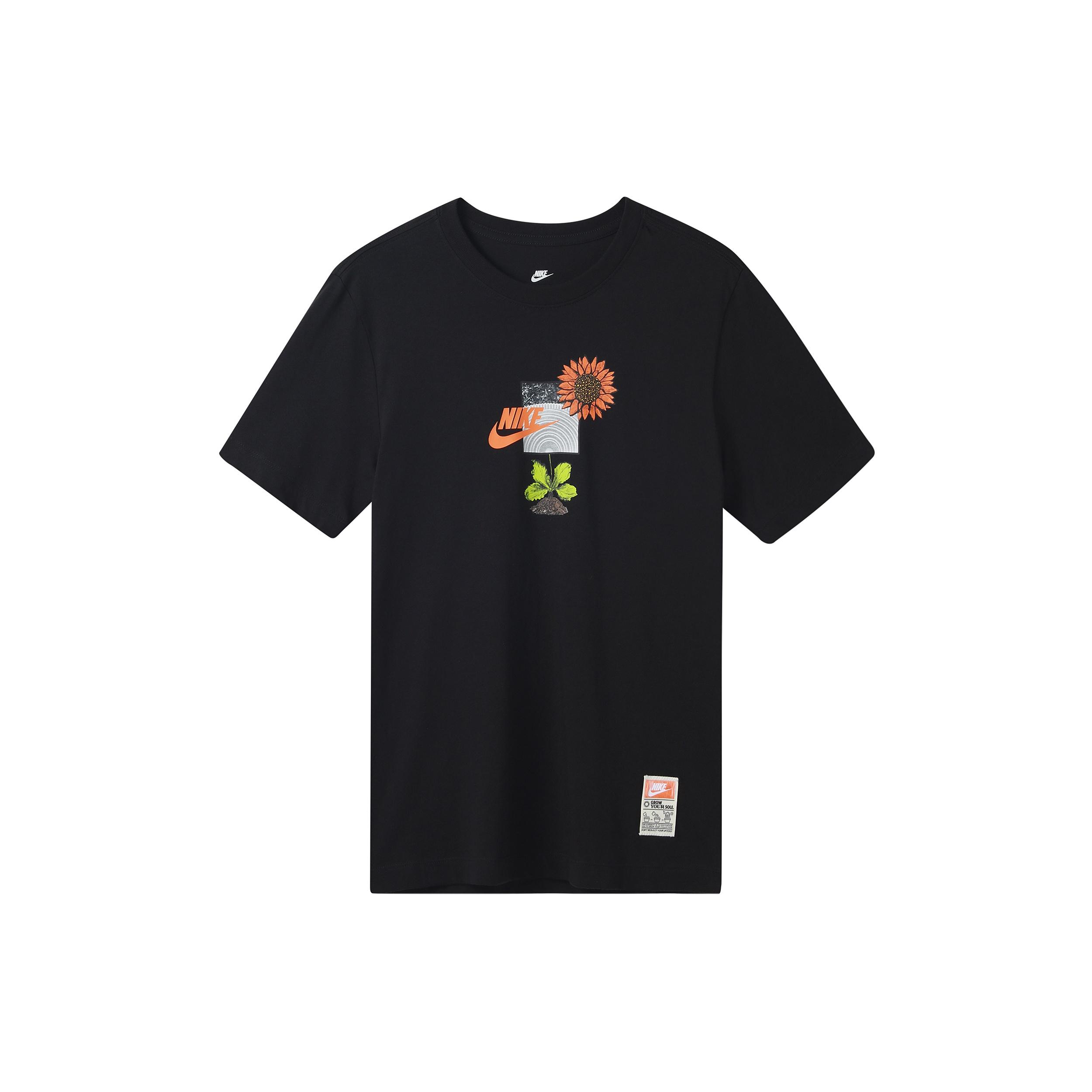 Men s Nike Logo Plant Pattern Printing Round Neck Casual Short Sleeve Black T-Shirt DQ1034-010 S