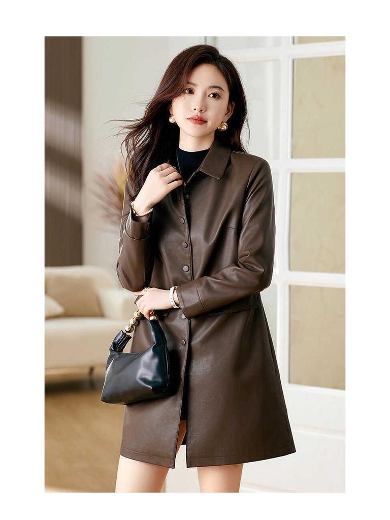 Women's High-End Slimming Lambskin Leather Jacket - Mid-Length Coat for Spring and Autumn
