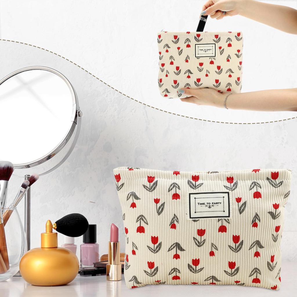 VOCOSTE Floral Print Makeup Large Capacity Makeup Pouch for Coin and Red Bag, Women, Purse, Foundation, Lipstick, Brushes,