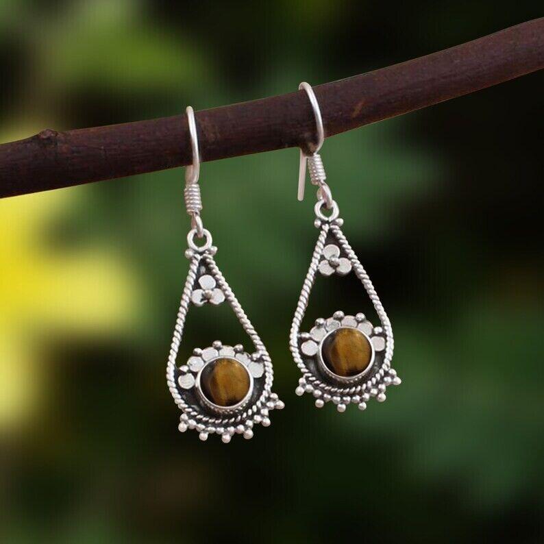Tiger Eye Earring Yellow Round Cabochon Earring 925 Sterling Silver Earring