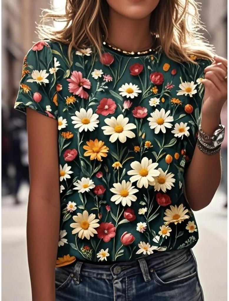 Women's T Shirt Floral Graphic Plants Vintage Stylish Classic Short Sleeve Crew Neck Regular Tops  Vacation Wear Print Summer