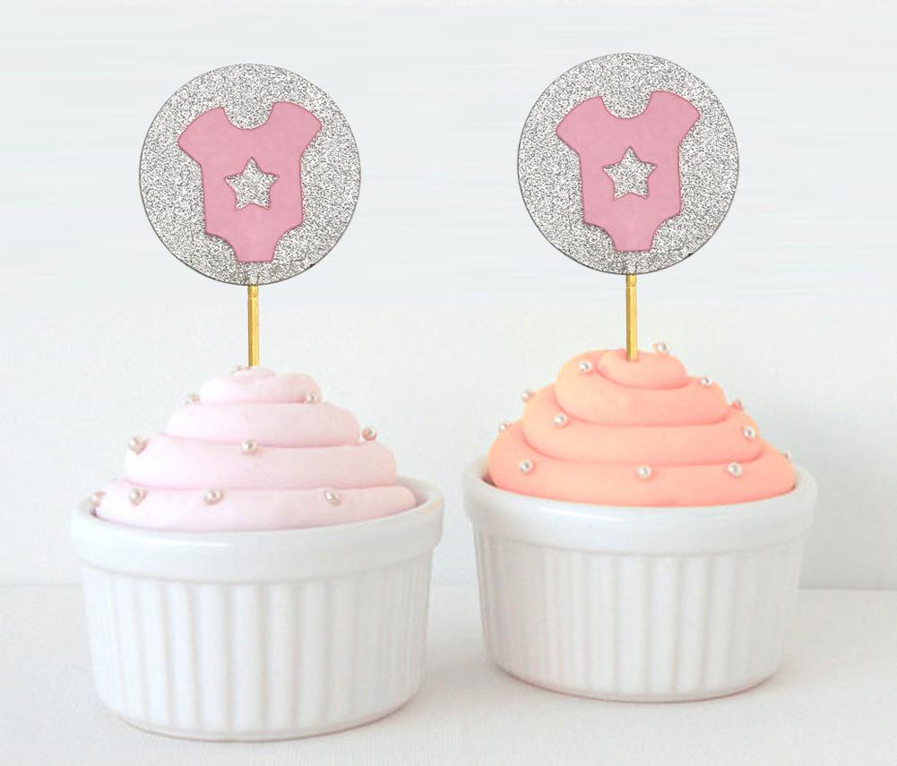 Darling Souvenir, Glitter Baby T-Shirt Baby Shower Cupcake Toppers, Dessert Decorations