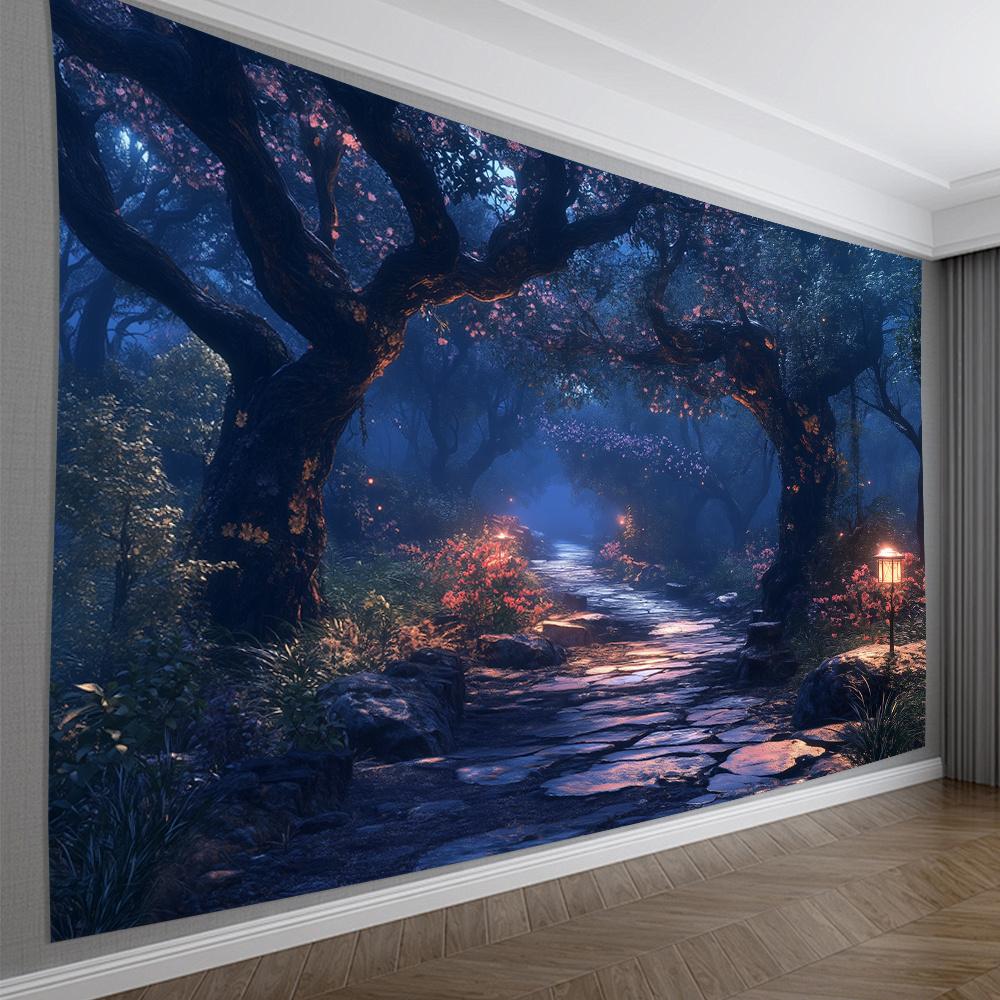 2D Flat Tapestry for Enchanted Forest Path, 1 Piece, Whimsical Fairy Tale Design Withs and Lush Green, Polyester Wall