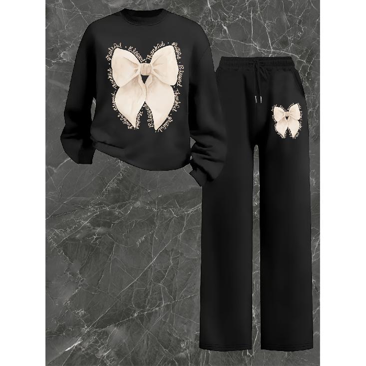 Damen Crewneck Sweatshirt & Hose mit Kordelzug, gerader Schnitt, 2-teiliges Set, bedrucktes lässiges Herbst-/Winter-Loungewear-Set