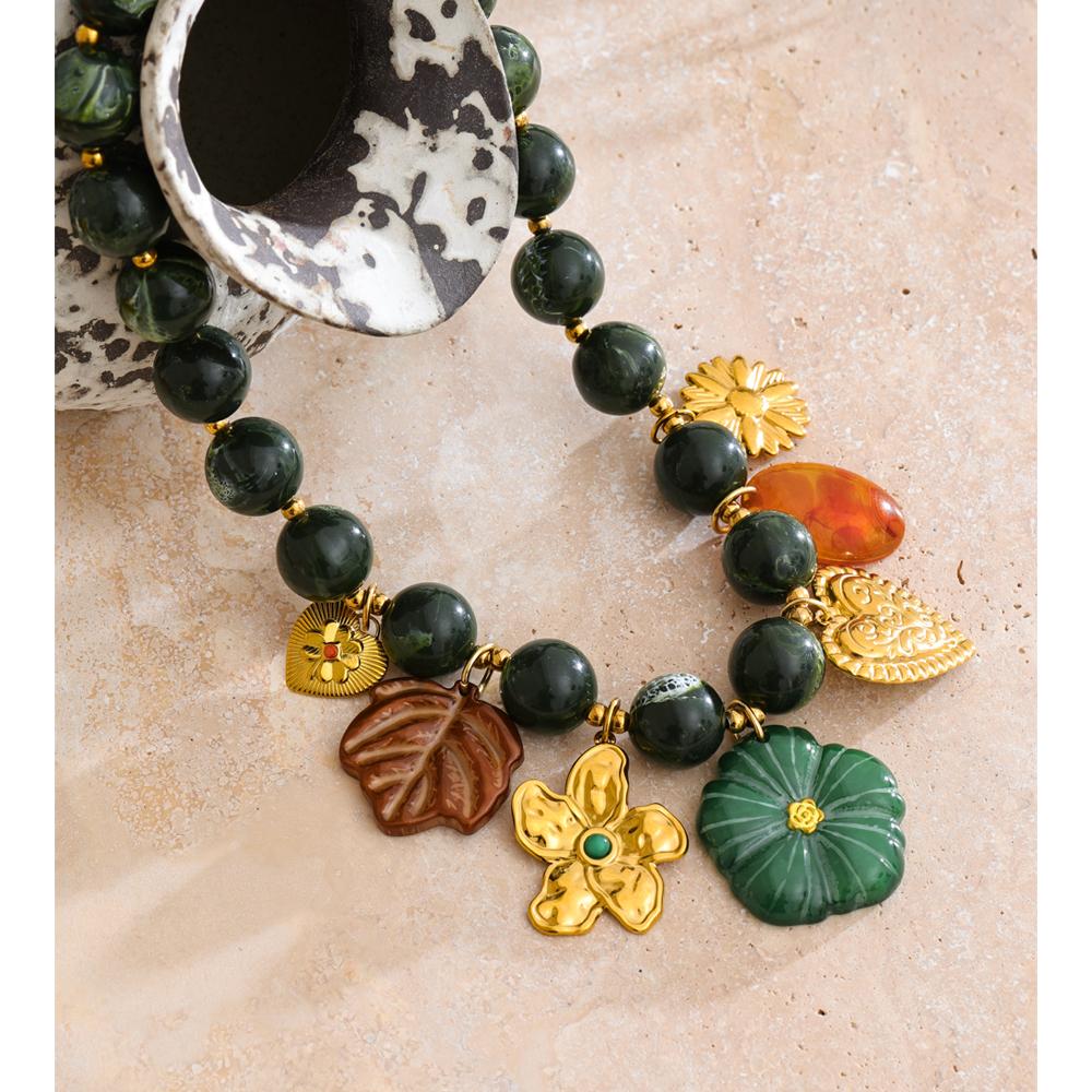 Eetit Stainless Steel Green Acrylic Beads Chain Handmade Jewelry Leaf Flower Heart Drop Charm Necklace 2025 Arrivals Popular