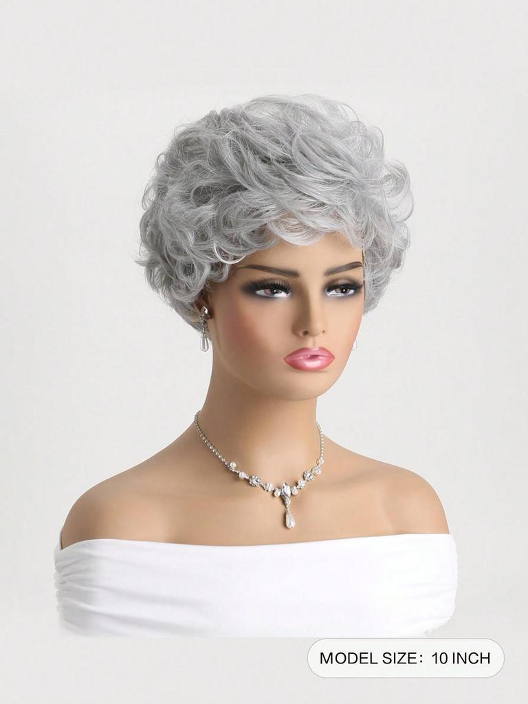 Syntetisk Dam Silvergrå 10 tum Lockig Kort Peruk Mjuk Värmetålig Naturlig Peruk med Lugg
