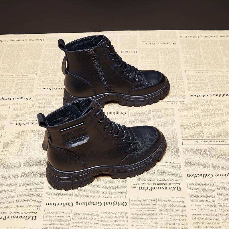 Women's British-Style Genuine Leather Martin Boots, Autumn/Winter 2025: Short, Round Toe, Chunky Heel, Lace-up with Side Zipper.