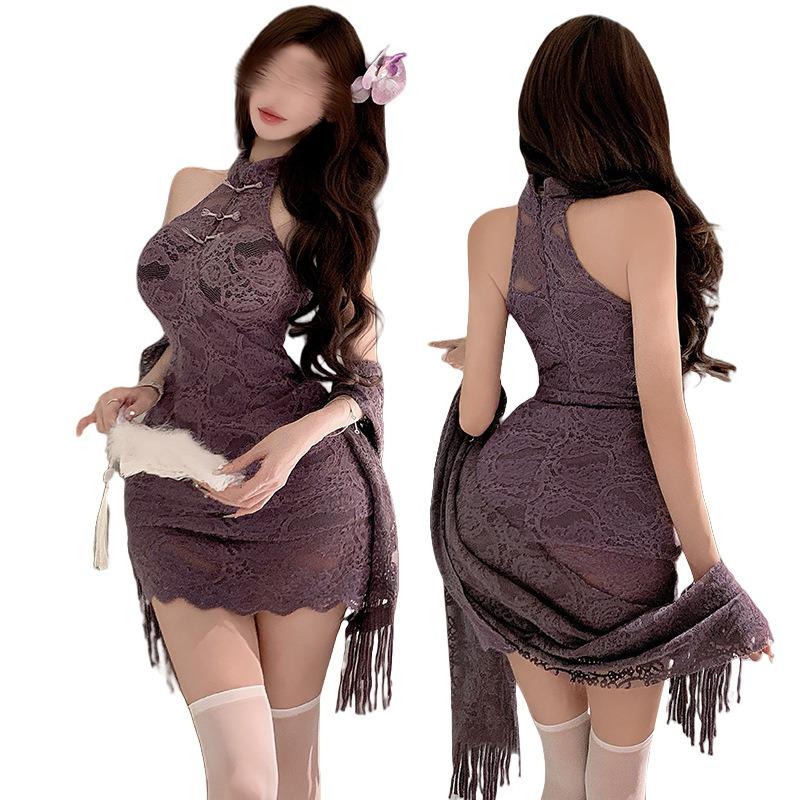 Shi Meisha: Spice Girl Lace Off-Shoulder Neck Purple Cheongsam Hip Wrap Skirt Pure Erotic Underwear Set