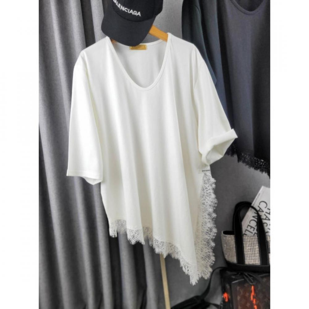 C S In The Room V neCk laCe Trim ShorT SleeVe T ShirT 2Color