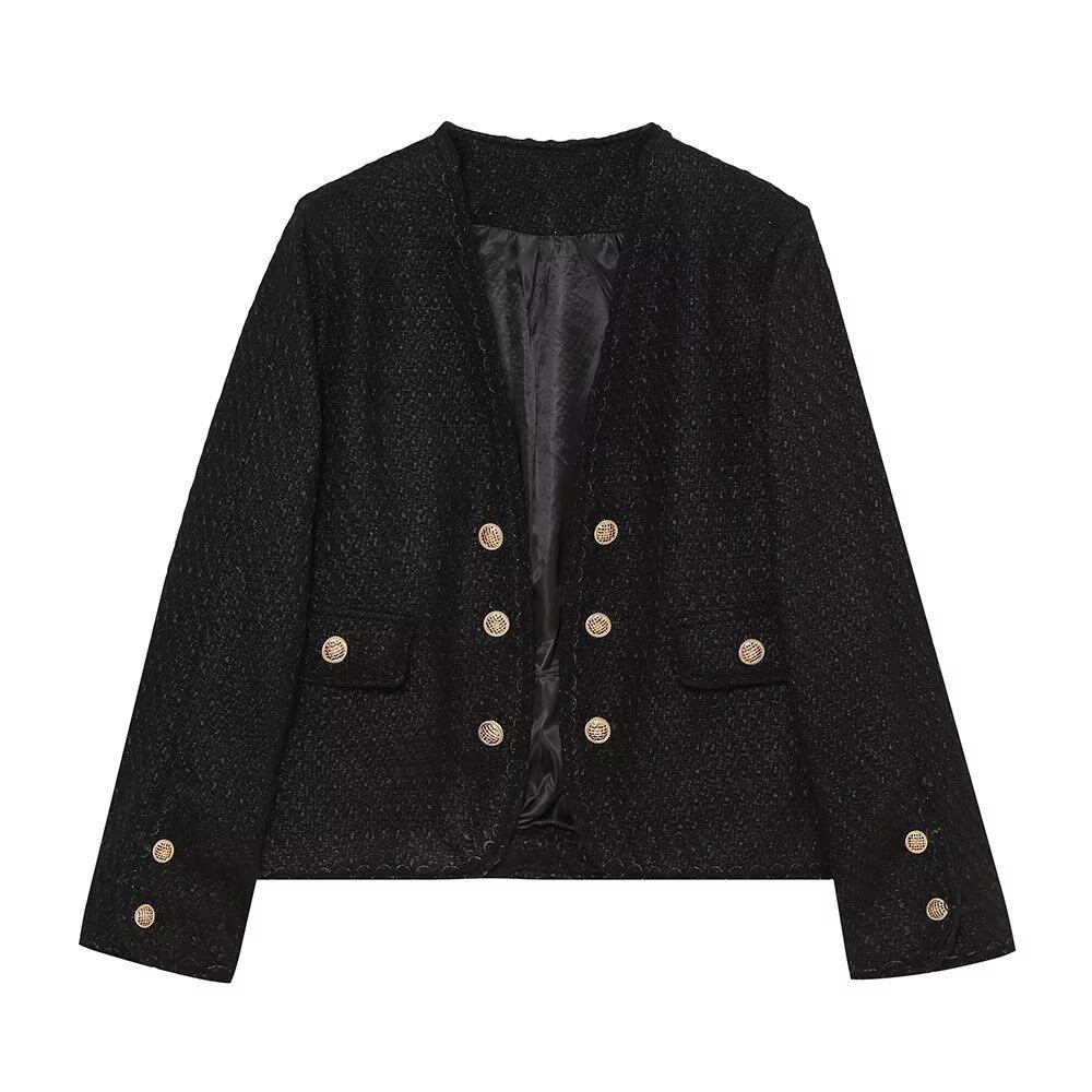 

2025 Spring Women s Fashion Double-breasted Textured Coat & Skirt Set XS