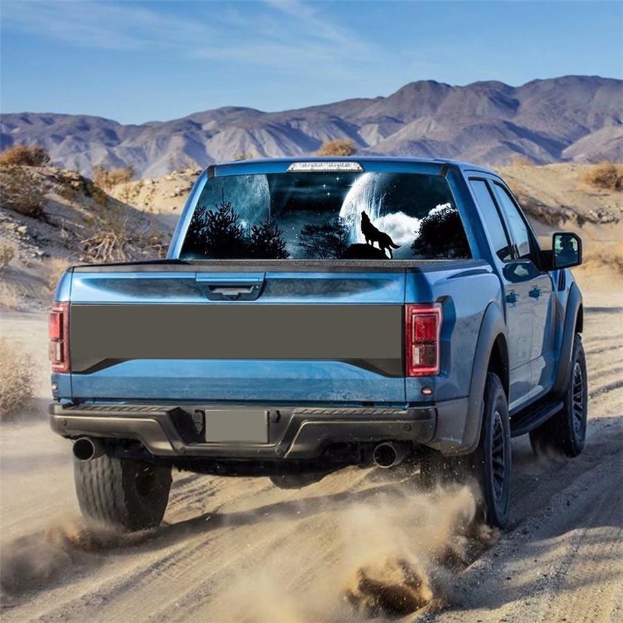 65"x22" Car Rear Window Tailgate Sticker Wolf Howling Moon Decal For Truck SUV