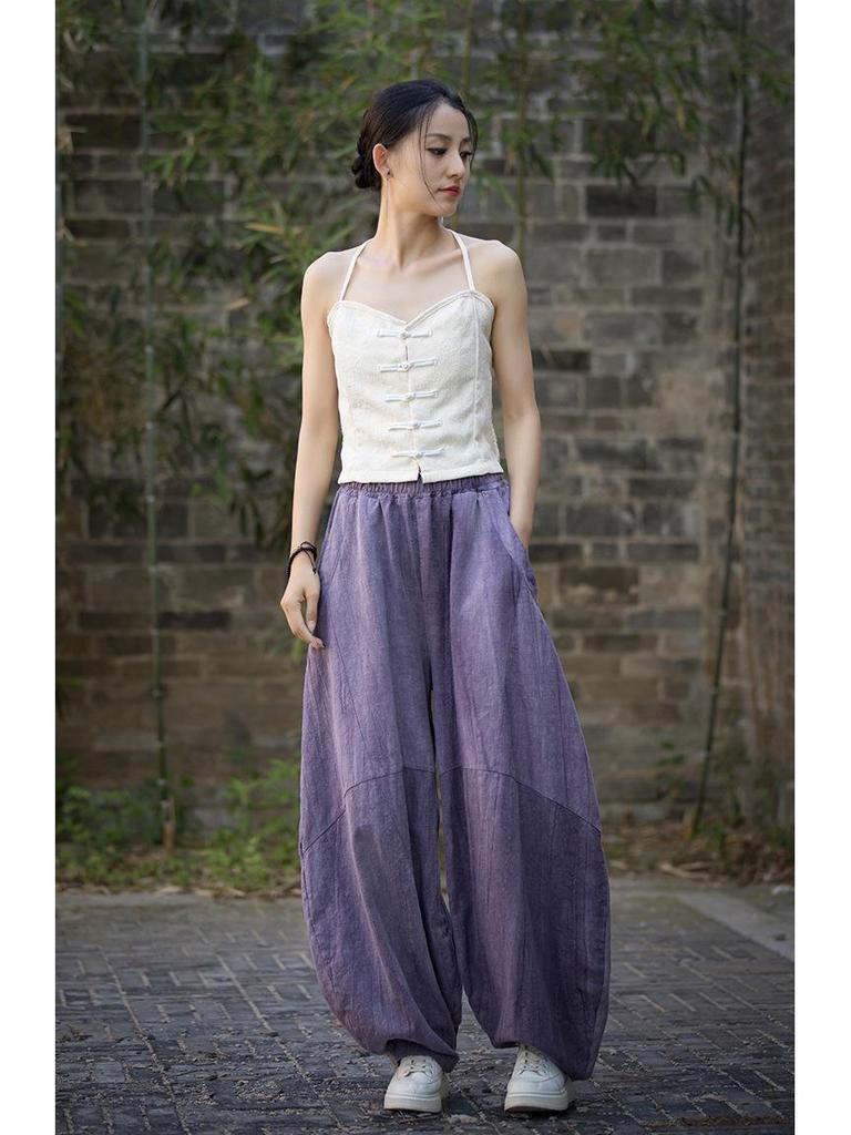 2025 Oryginalne Wysokiej Jakości Spodnie Casualowe Lantern Tie-Dye z Ramiączek - Luźne Szerokie Nogawki, Długie na Wiosnę/Lato