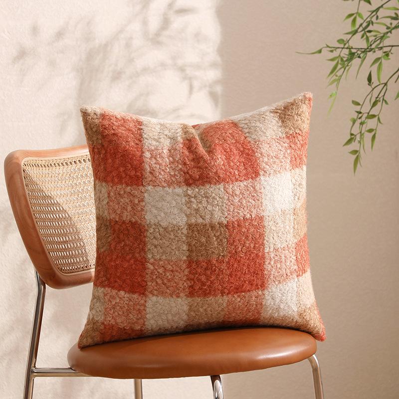 Funda para Cojín de Lana de Playa con Gradiente a Cuadros Naranja Marrón Cálido Decoración de Sala de Estar Dormitorio Cojín de Felpa