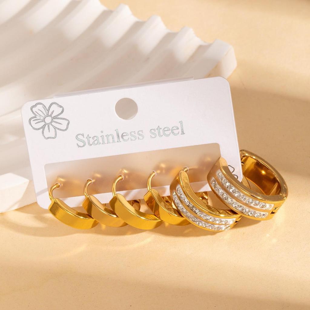 European 18K Gold-Plated Stainless Steel Rhinestone Earring Set – Unisex Non-fading Ear Studs, 3 Pairs