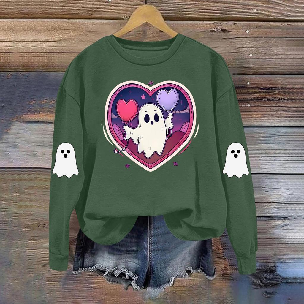 Dame Moteable Casual Langermet Halloween Trykket Rundhals Topp