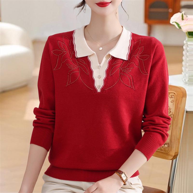 

2026 Early Autumn Thick Knit Long-Sleeve Lapel Sweater for Middle-Aged & Elderly Women 2XL вина червоного кольору