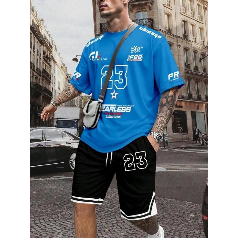 Men's Breathable Round Neck T-shirt Shorts Set with Digital Printing Outdoor Casual Two-piece Set