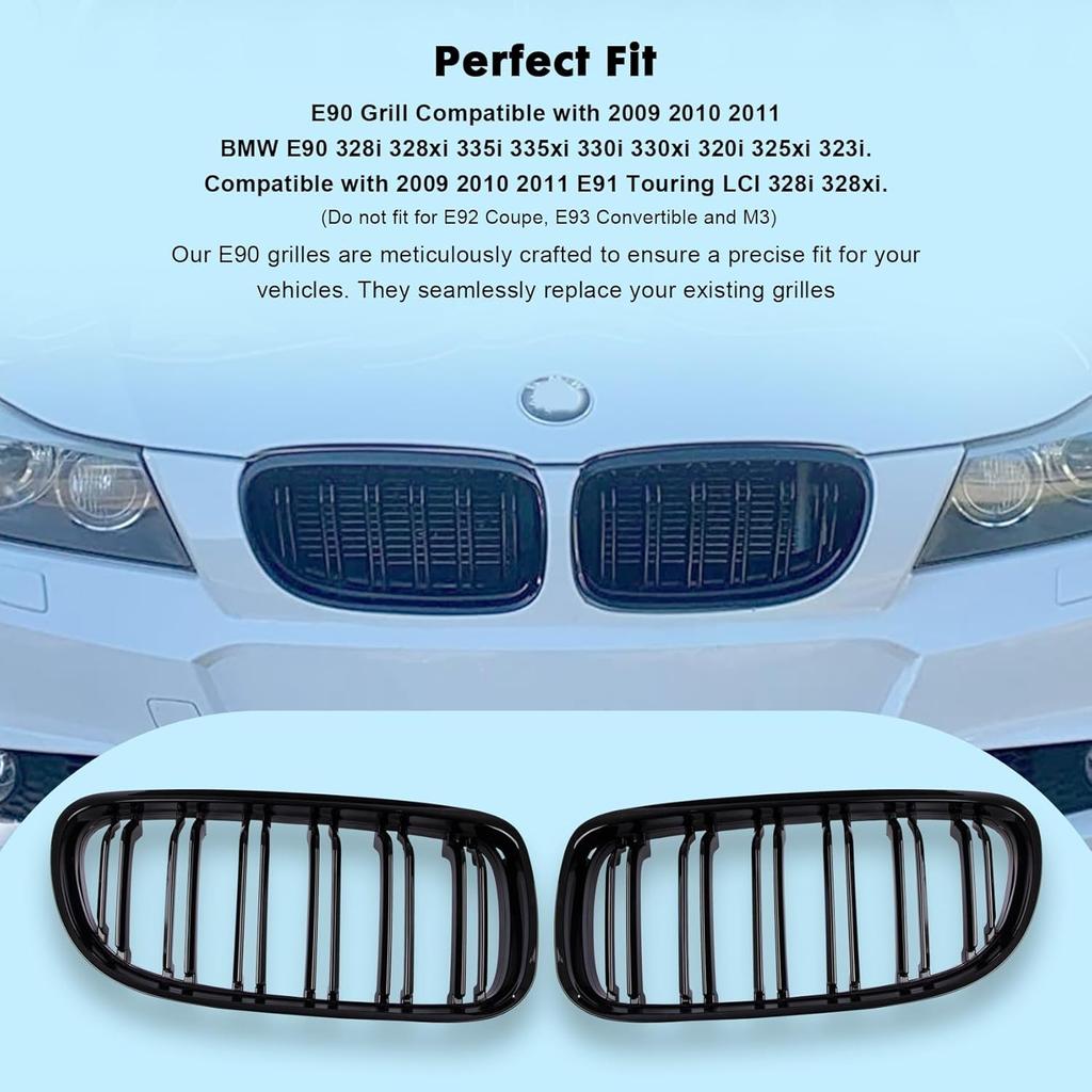 Front Bumper Kidney Grille, Pair Gloss Black Grill Double Line Compatible with 2009-2011 BMW E90 328i 318i 320i 323i 325i 330i 335i