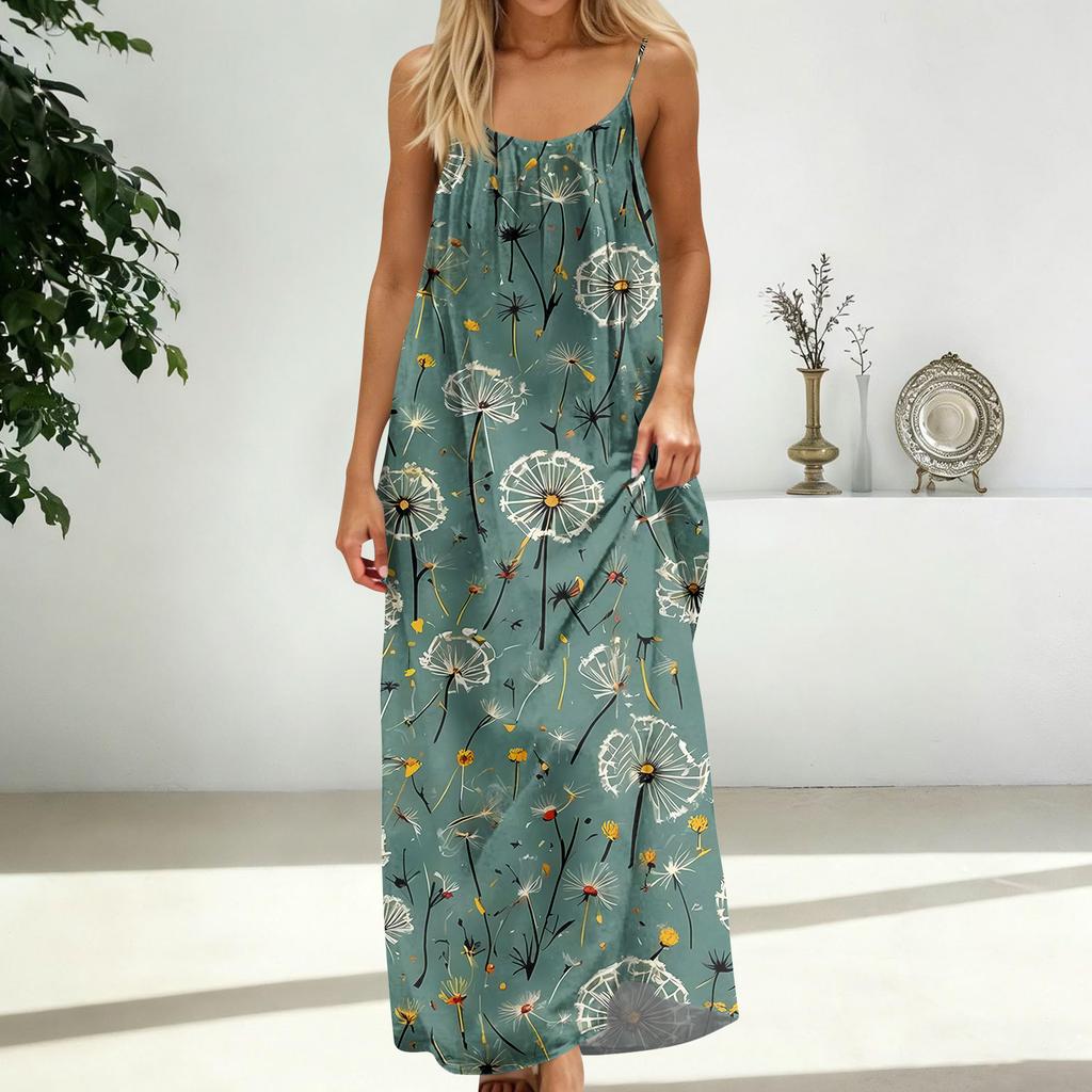 Damenmode Rückenfreies Spaghettiträger Lässiges Lockeres Blumenprint Kleid