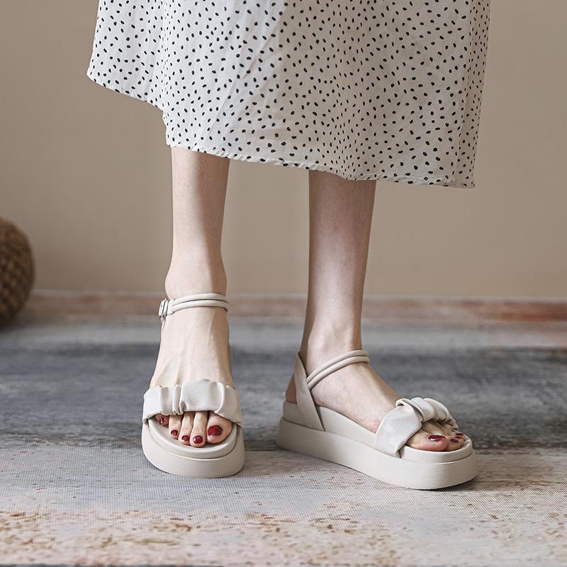 

Fashion Pleated Leather Sandals Woman Muffins Adjustable Buckle Shoes Platform Students Girls Beach Sandalias Thicken Heels Flip Flops 6 абрикосовый