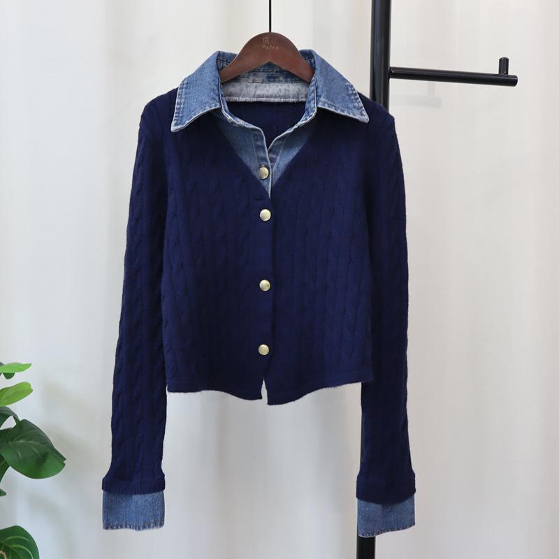 

Вязаный кардиган из денима в стиле пэчворк, осенне-зимний, новый дизайн, темпераментная куртка-свитер для женщин One size темно-синий