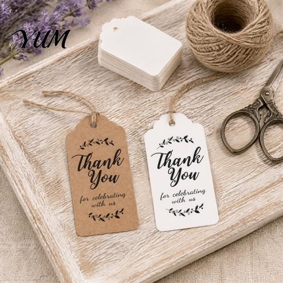 Natural Style Tags for Gift Boxes 100Pcs Paper Thank You with String, Rectangular Tags, Pre-Punched Decorative Hang Handmade Gifts Hole Hanging