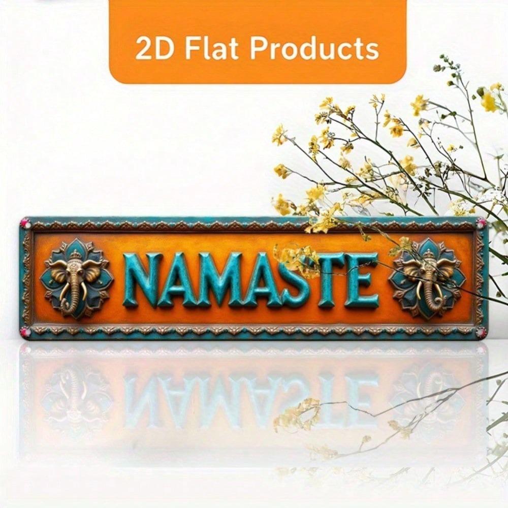 2D Flat Namaste Lotus Wall Decor, Orange Turquoise Metal Plaque Elephant Design, Yoga Studio Home Office Cafe Art, Pre-Drilled Lightweight Aluminum