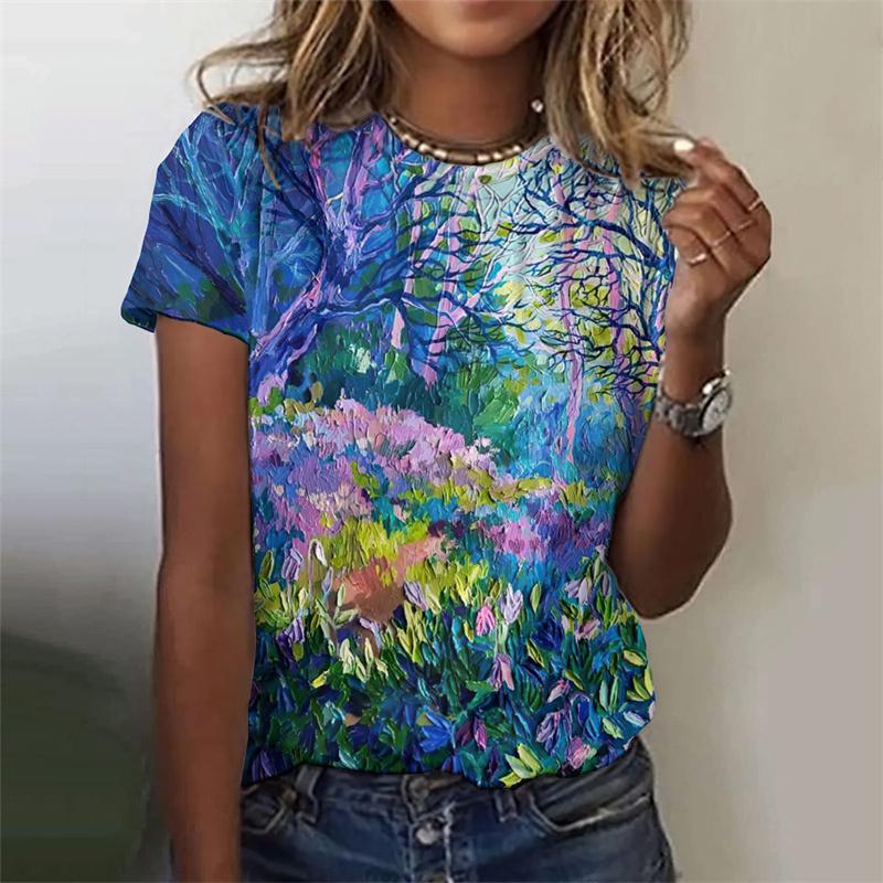 Summer Round Neck 3D Floral Pattern Printed Top  Fashionable Casual Short Sleeved Women's T-shirts