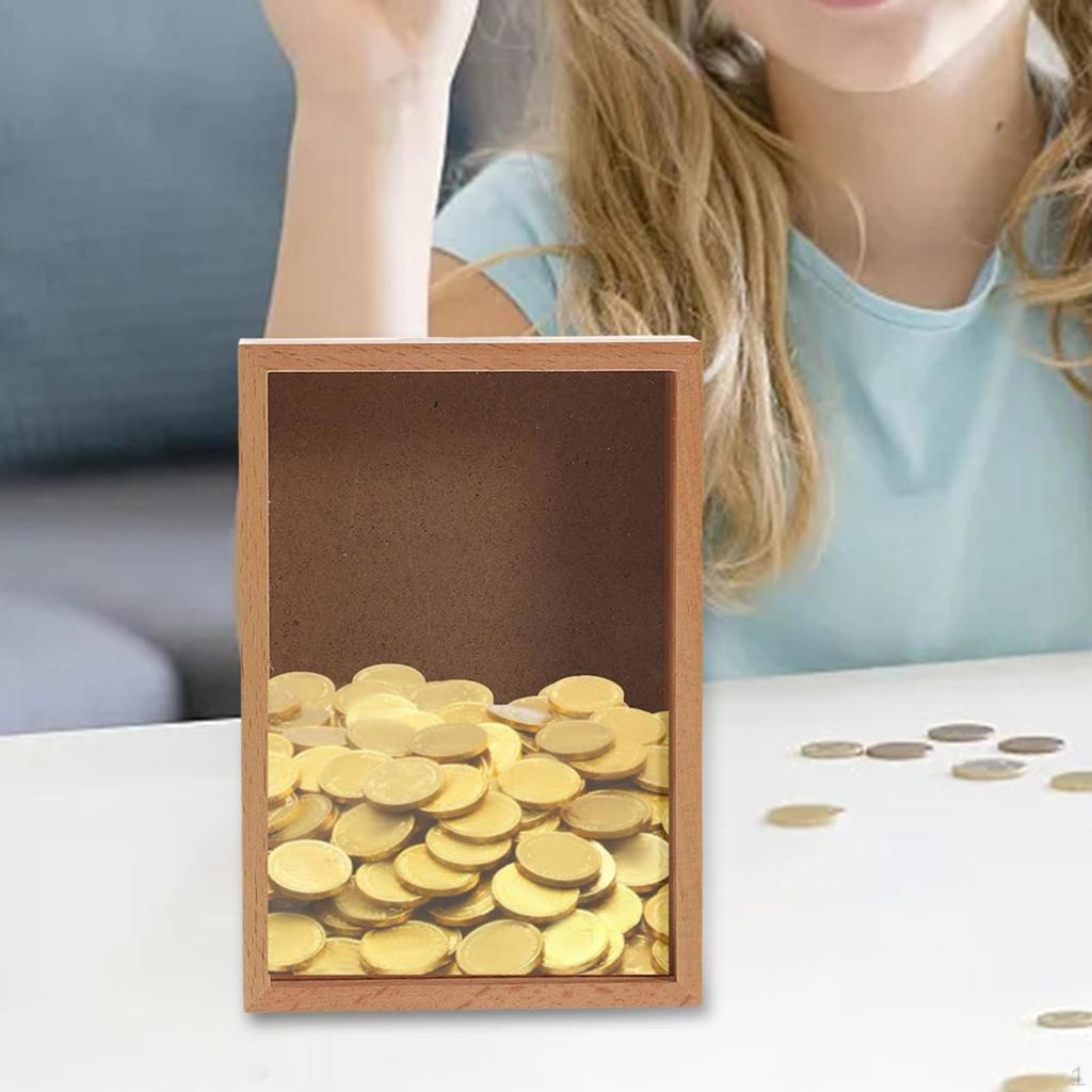Money Bank Wooden Photo Frame Saving Pot Kids Adults Box for Cash