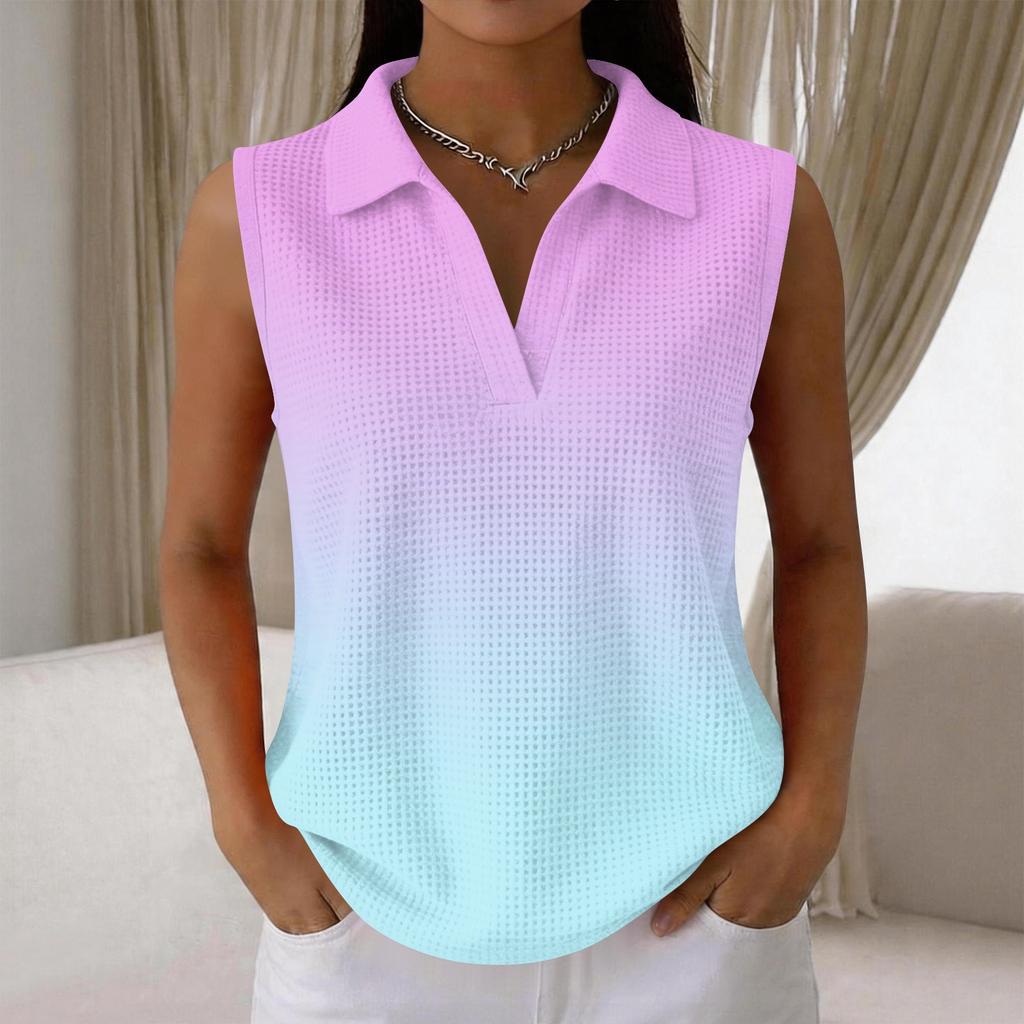 Women's Fashion Casual Print Knit Collared Sleeveless Tank Top