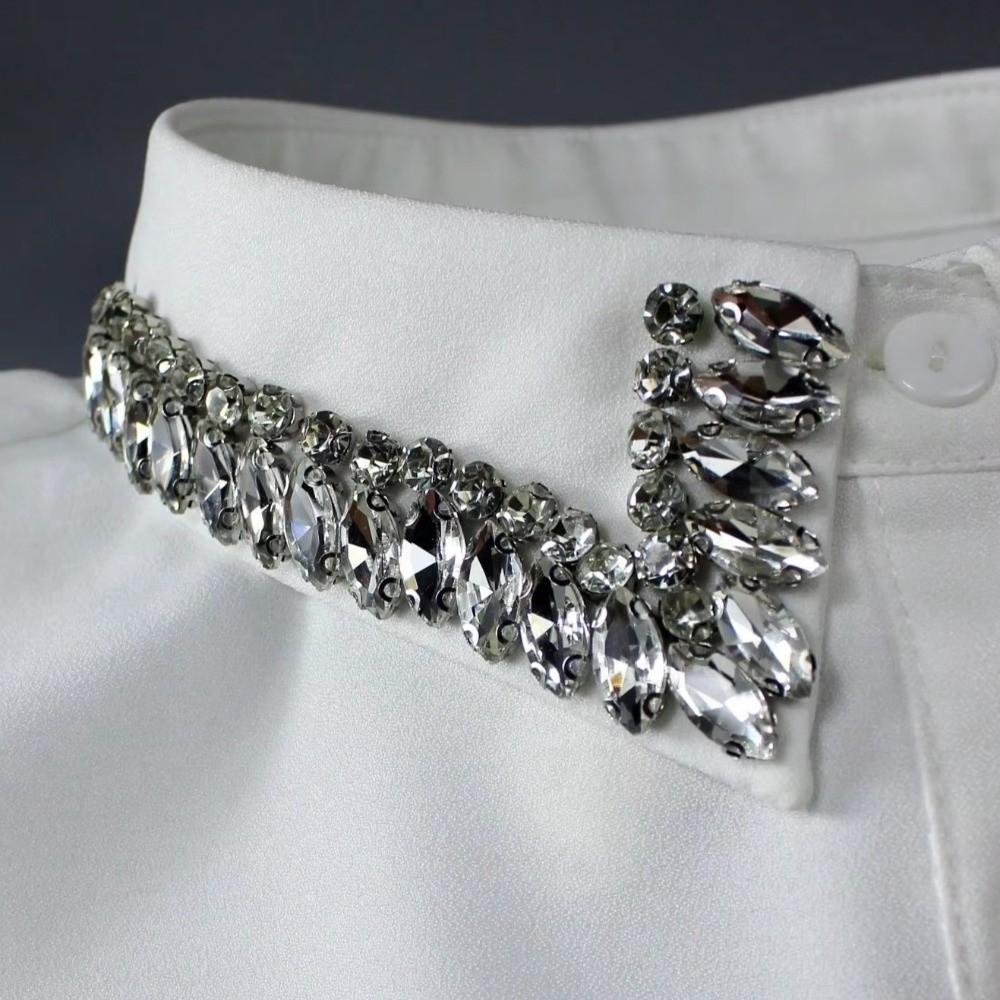 White Chiffon Fake Collar Handmade Beaded Decoration Lapel Style Detachable Collar Rhinestone Decoration Button Detail