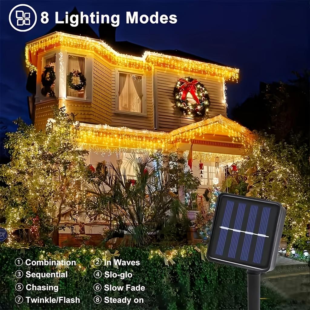 Solar-Powered Smart Ice-Shaped Lights,Christmas Light Strings, Smart Switch, 8 Flashing Modes, Outdoor Hanging Decorative Lights