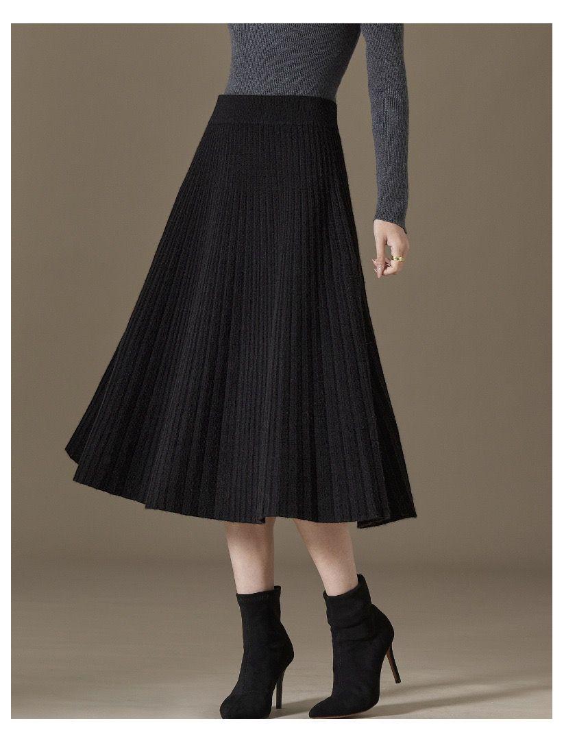 Autumn/Winter 2025 Pleated Midi Skirt - 100% Cashmere, Slimming, Solid Color, Versatile and Stylish. Large