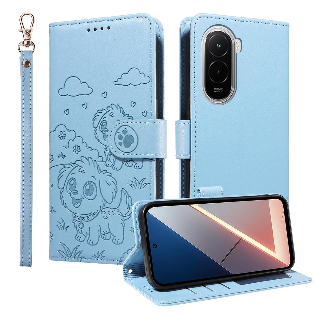 For Xiaomi Poco M7 4G (169mm) Case RFID Blocking Imprinted Dog Pattern PU Leather Phone Cover with Wrist Strap