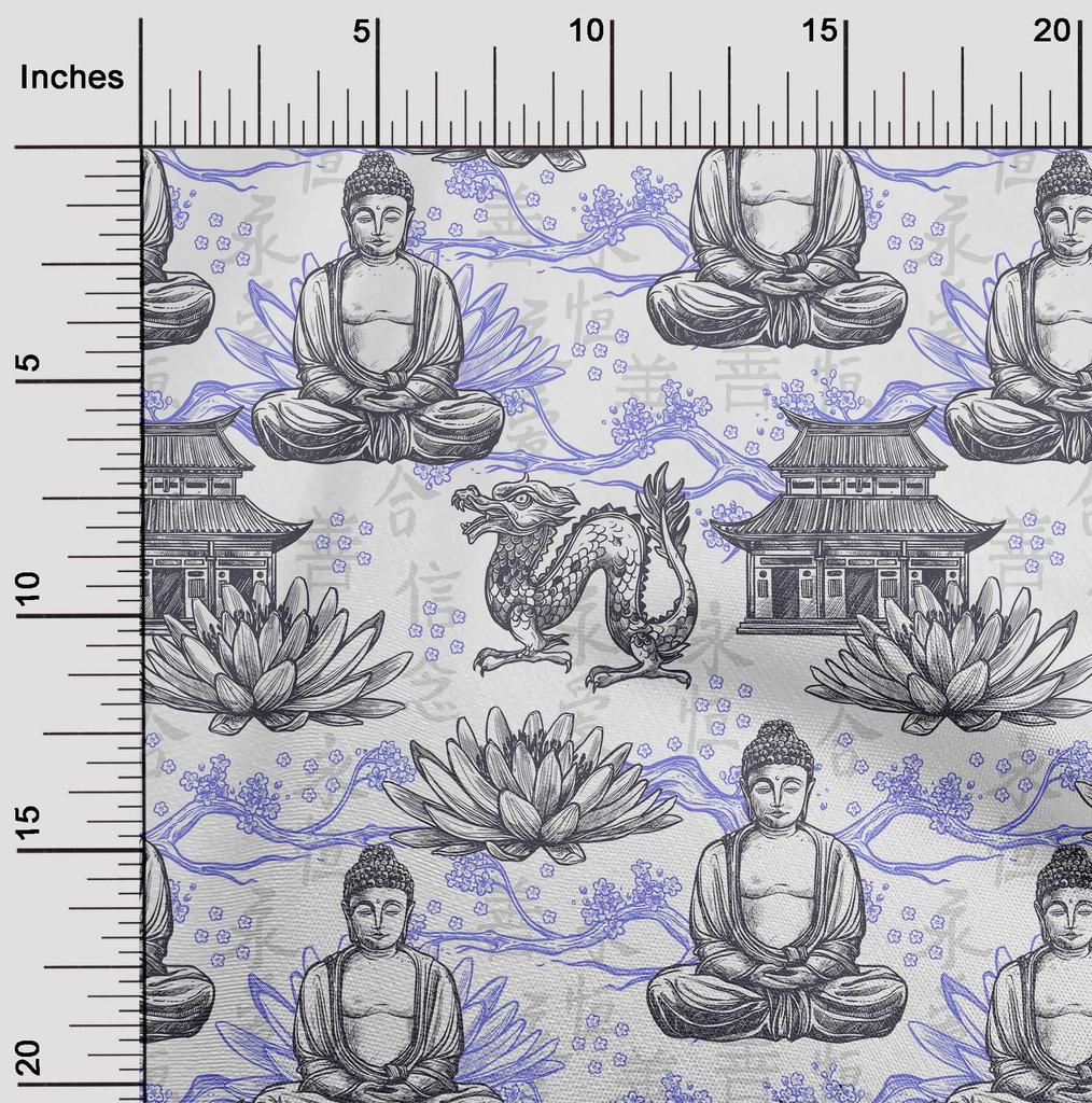 oneOone Cotton Flex Blue Fabric Asian Buddha Dress Material Fabric Print Fabric By The Yard 40 Inch