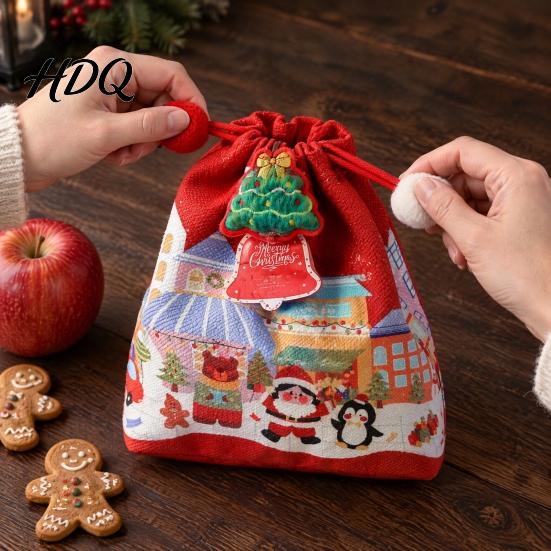 Portable Gift Bag Christmas Drawstring with Handle Reusable Canvas for Party Pouches Present Xmas Candy Goodie Treat Pouch Holiday Bags