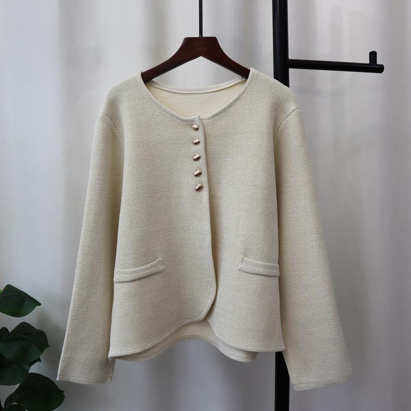 Crew neck bright silk long-sleeved sweater jacket autumn and winter new temperament loose and versatile knitted cardigan women