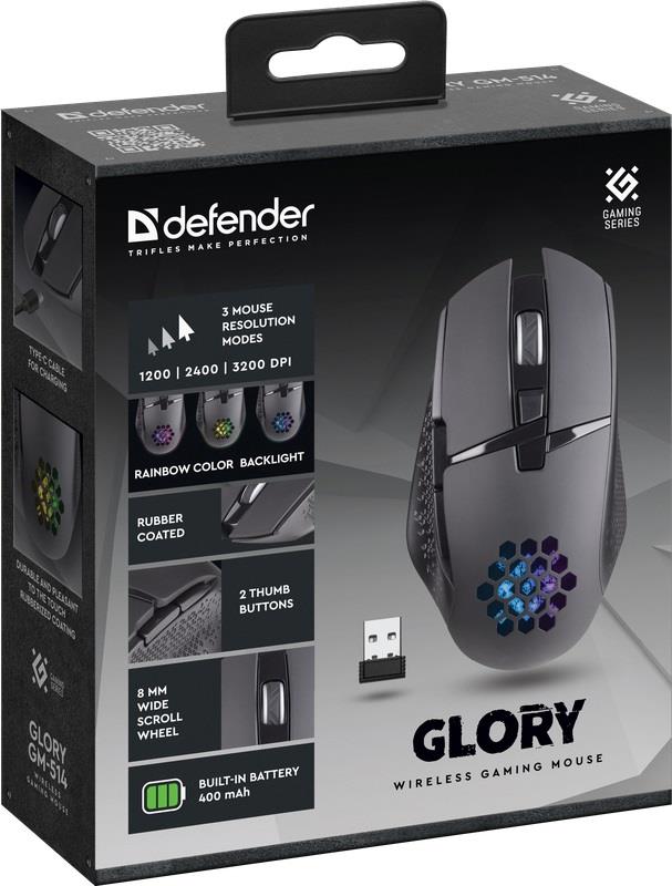 Mysz bezprzewodowa Defender GLORY GM-514 optyczna 3200dpi czarna RGB AKUMULATOR 7 przycisków Gaming