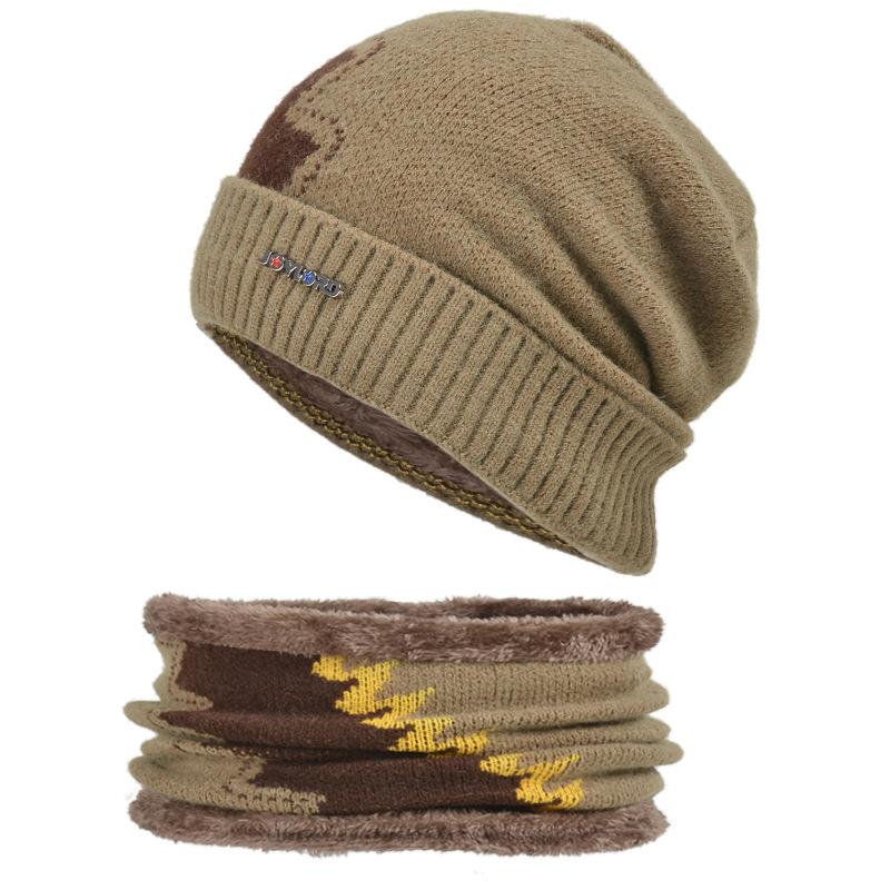 Autumn and Winter Knitted Hat Men's Fleece-lined Warm Scarf Set Sleeve Cap Colorblock All-Matching Woolen Cap