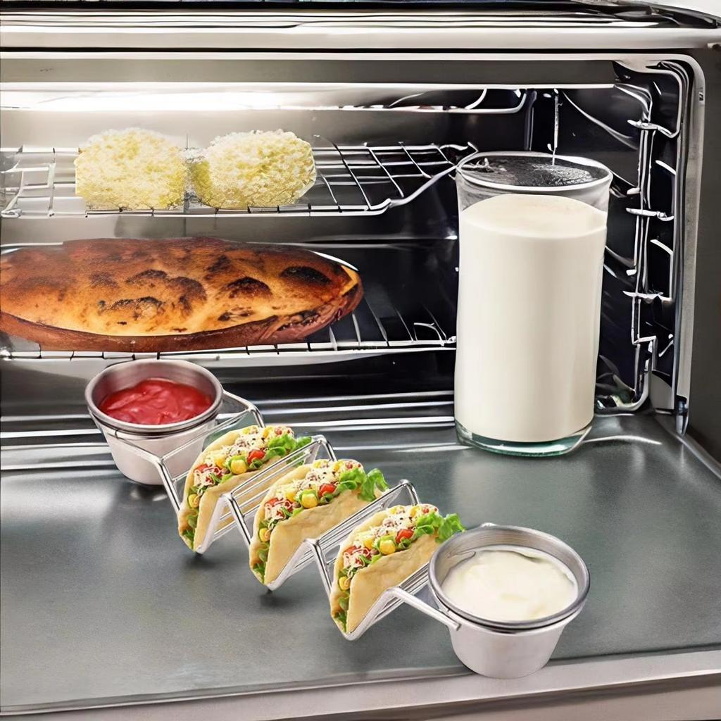 Stainless Steel Taco Holder Set Taco Shell Holder Stand with 2 Sauce Cups Taco Stand Hold 3 Tortillas Kitchen Gadget